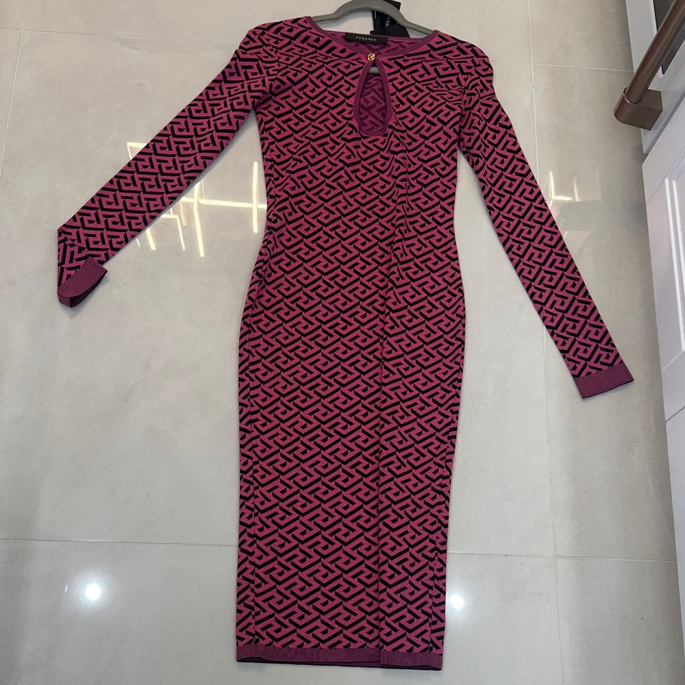 Versace Long Sleeve Pink Patterned Bodycon Dress